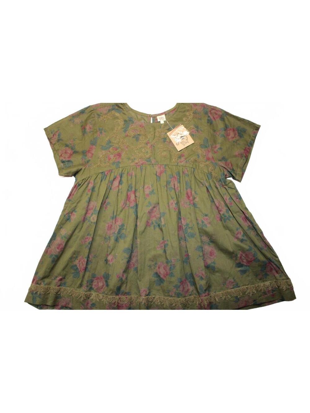 Ivy Jane Green Rose Floral Embroidered Chenille Babydoll Tunic Blouse